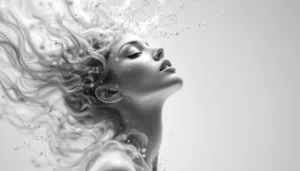 A grayscale image of a woman with closed eyes and an expression of serenity. Her wavy hair flows outward, blending with abstract patterns and light particles, evoking a dreamlike, ethereal sense of authenticity.