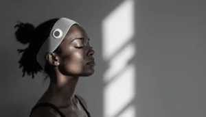 A woman with closed eyes wears a white headband with a circular device, standing in soft light with shadow patterns on a gray wall behind her.