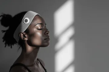 A woman with closed eyes wears a white headband with a circular device, standing in soft light with shadow patterns on a gray wall behind her.