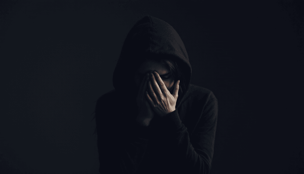 A person wearing a dark hoodie sits in a dark setting, covering their face with one hand, conveying a sense of sadness, distress, or sleepiness.