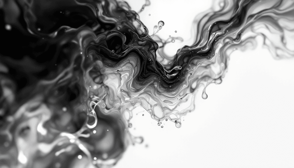 Abstract black and white fluid swirls with intricate patterns and droplets, resembling ink or smoke flowing dynamically across a bright background, evoke the calm clarity of the alpha state during meditation.