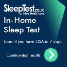 Banner ad for Sleep Test by Intus Healthcare: Take an at-home sleep apnoea test with confidential results in 7 days. Features a large arrow button on a blue and green background.