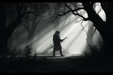 A lone figure, surrendering their stance, holds a sword in a shadowy, misty forest as beams of sunlight stream through the trees, creating a dramatic and mysterious atmosphere.