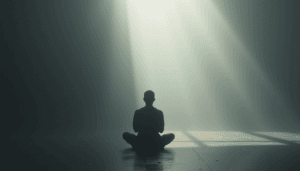 A person sits cross-legged on the floor in a dark room, facing a bright beam of light shining down from above illustrating how to meditate alone and creating a calm, contemplative atmosphere.