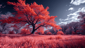 A large tree with vivid red leaves stands in a grassy field, surrounded by other red-tinged trees under a dramatic sky. The surreal infrared colors evoke the feeling of a happy life in an enchanting, dreamlike landscape.