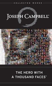 The Hero With A Thousand Faces by Joseph Campbell Book cover for The Hero With A Thousand Faces by Joseph Campbell, featuring a mosaic of many small faces forming a larger face, with the title and authors name in white text on a black background.