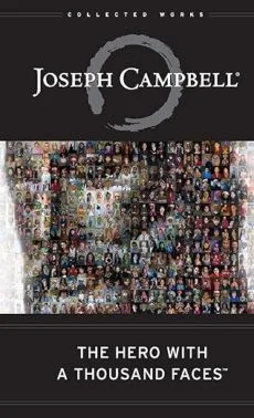Book cover for The Hero With A Thousand Faces by Joseph Campbell, featuring a mosaic of many small faces forming a larger face, with the title and authors name in white text on a black background.