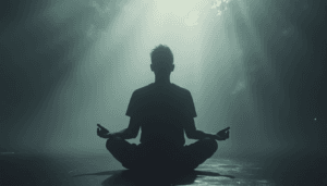 A person sits cross-legged in a meditative pose, silhouetted against soft, ethereal light beams streaming from above in a calm, misty atmosphere, an inspiring scene for those learning how to meditate alone.