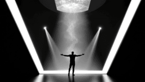 A person stands with arms outstretched in a dark room, illuminated by dramatic beams of white light and mist from above, framed by bright diagonal lines forming a large V shape, evoking focus and clarity like the Ivy Lee Method.
