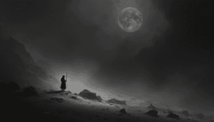 A lone pilgrim holding a staff stands on a rocky, misty landscape beneath a bright, full moon in a dark, cloudy night sky.