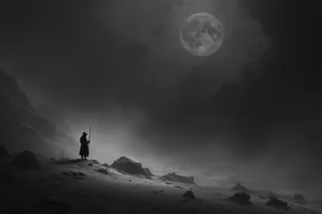 A lone pilgrim holding a staff stands on a rocky, misty landscape beneath a bright, full moon in a dark, cloudy night sky.