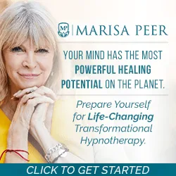 Smiling older woman with blonde hair rests her chin on her hand. Text: Discover the most powerful healing potential with Marisa Peer Hypnosis. Prepare yourself for life-changing transformational hypnotherapy. Click to get started.