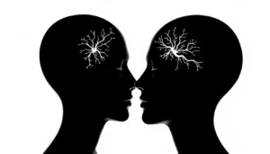 Two silhouetted human faces touch at the lips, facing each other. Inside, white tree-like neural patterns evoke a mental or emotional connection, reflecting Marisa Peers Programs: Unlocking Your Full Potential. The background is white.
