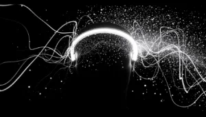 A glowing pair of headphones on a dark background with swirling white lines and particles radiating outward, suggesting music, sound waves, or creative energy, perfect for a Muse Headband review backdrop.