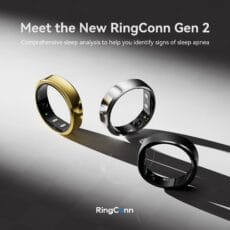 RingConn Page Banner Three stylish RingConn Rings in gold, silver, and black are showcased on a white and gray background, highlighting the Ringconn Gen 2 advanced features for comprehensive sleep analysis and accurate sleep apnea detection.