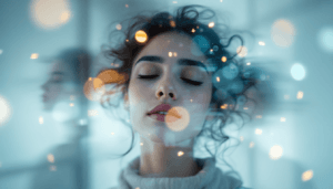 A woman with curly hair and closed eyes stands peacefully, as if drifting into sleep, surrounded by glowing bokeh lights in a soft, dreamy blue-toned atmosphere. Her serene expression and the blurred effect create a tranquil, ethereal mood.