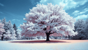 A large tree with pink and white foliage stands alone in a field, radiating spirituality and happiness. The grass and trees have a pastel, almost frosty appearance under a bright blue sky with scattered clouds.