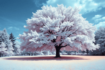 A large tree with pink and white foliage stands alone in a field, radiating spirituality and happiness. The grass and trees have a pastel, almost frosty appearance under a bright blue sky with scattered clouds.