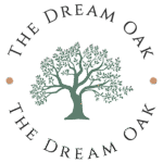 A green oak tree illustration is centered with the words “The Dream Oak” curved above and below it in black text. Two small brown dots are on either side of the tree. The background is light gray.