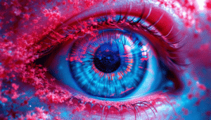 A close-up of a human eye with vivid blue, pink, and purple hues captures intricate iris details and sparkling skin, evoking Altered States of Consciousness with its surreal, futuristic feel.
