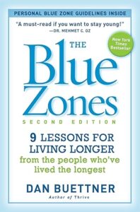 Book cover of The Blue Zones by Dan Buettner with a blue and white design, a green New York Times Bestseller badge, and a Dr. Mehmet C. Oz quote at the top.