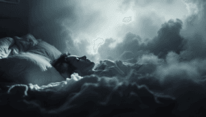 A person sleeps peacefully in bed, surrounded by billowing clouds, as if cradled by the calming effects of theanine, creating a dreamlike, surreal atmosphere with soft, ethereal lighting.