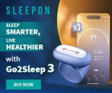 A blue Go2Sleep 3 smart ring and a smartphone displaying sleep stats appear with the text: “Go2Sleep 3: The Ultimate Sleep Companion. Sleep smarter, live healthier.” A “Buy Now” button is below.