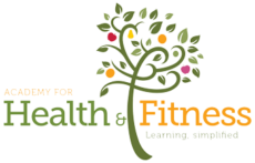 Logo for Academy for Health and Fitness, featuring a stylized tree with colorful fruit. The text reads: ACADEMY FOR Health & Fitness Learning, simplified. in vibrant green and orange letters.