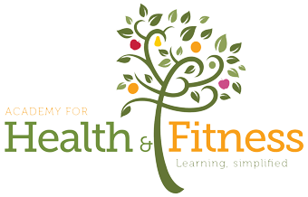 Logo for Academy for Health and Fitness, featuring a stylized tree with colorful fruit. The text reads: ACADEMY FOR Health & Fitness Learning, simplified. in vibrant green and orange letters.