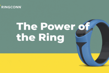 A blue Ringconn Ring with a black interior is displayed on a yellow and green background. The text reads, The Power of the Ring. The RingConn logo appears in the upper left corner.