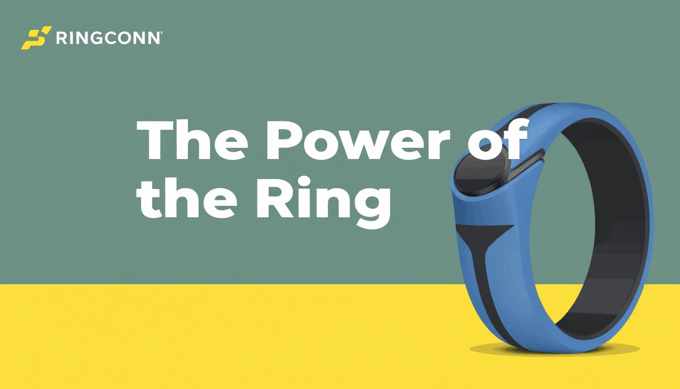A blue Ringconn Ring with a black interior is displayed on a yellow and green background. The text reads, The Power of the Ring. The RingConn logo appears in the upper left corner.