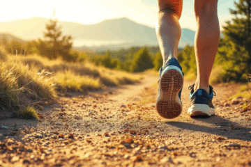 Close-up of a person walking 10 Km on a dirt trail through a sunny, grassy landscape with pine trees and distant mountains in the background. The individual wears running shoes and shorts.