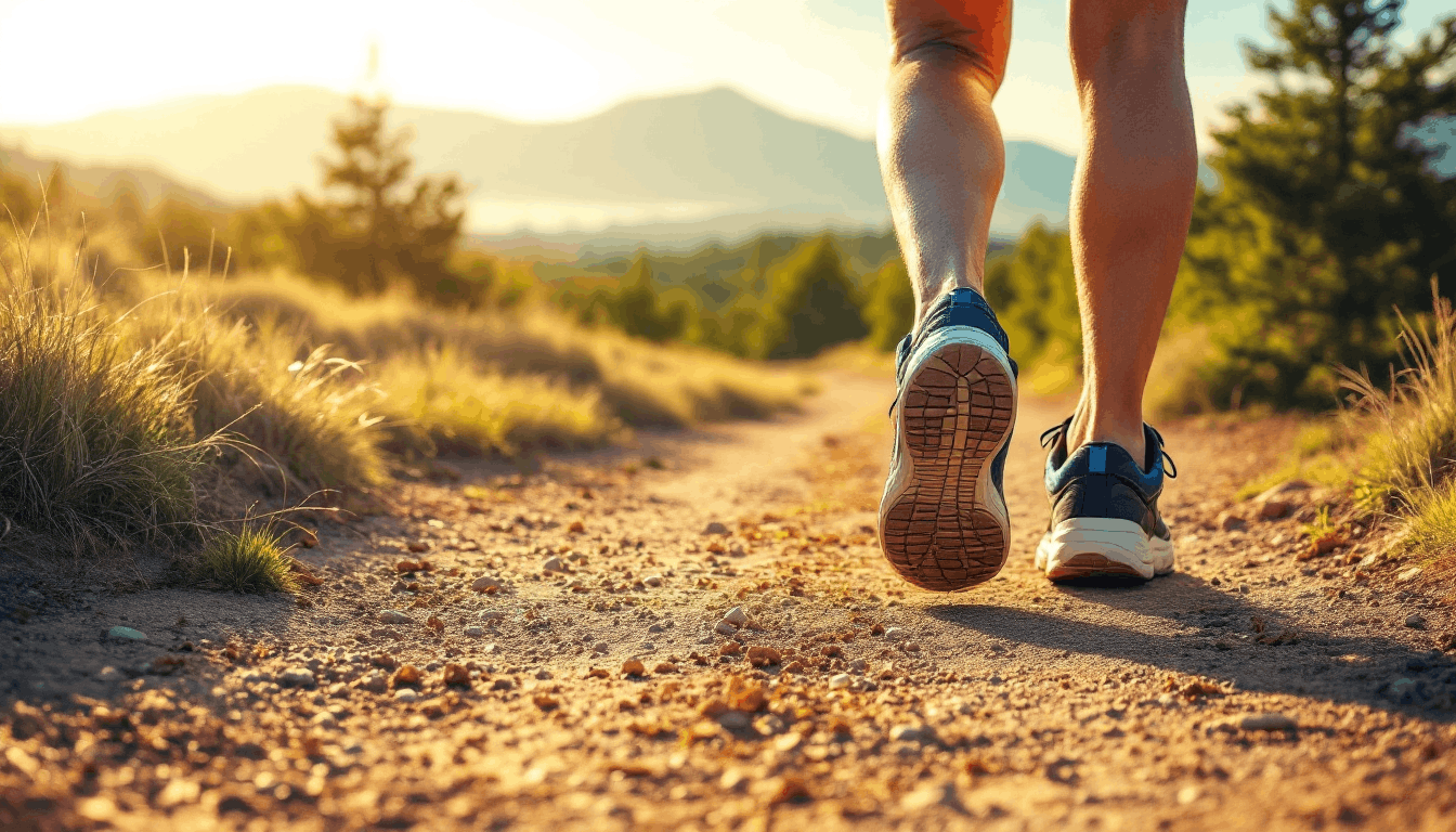 Close-up of a person walking 10 Km on a dirt trail through a sunny, grassy landscape with pine trees and distant mountains in the background. The individual wears running shoes and shorts.