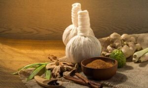 A spa scene with herbal compress balls, a wooden bowl of brown powder, fresh ginger, lemongrass, kaffir lime, cinnamon sticks, and herbs displayed on a textured cloth perfect inspiration for an Ayurveda Diploma Course.