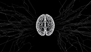 A stylized illustration of a human brain in white, centered on a black background, with branching white lines and dots extending outward, symbolizing neural networks or digital connections for cognitive health.