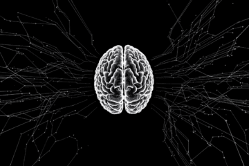 A stylized illustration of a human brain in white, centered on a black background, with branching white lines and dots extending outward, symbolizing neural networks or digital connections for cognitive health.