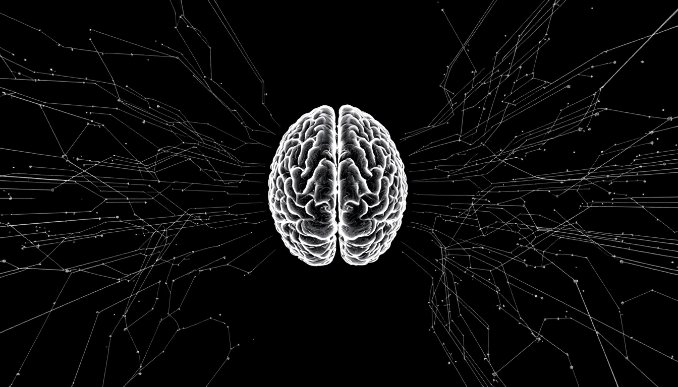A stylized illustration of a human brain in white, centered on a black background, with branching white lines and dots extending outward, symbolizing neural networks or digital connections for cognitive health.