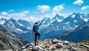 A hiker with a blue backpack stands on rocky terrain, raising an arm toward distant snow-capped mountains embracing adventure and exploring how to increase mitochondria naturally under a bright blue sky with scattered clouds.