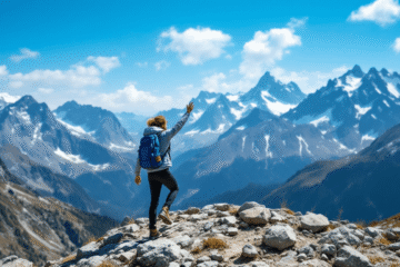 A person with a blue backpack stands on a rocky mountain trail, raising one arm toward snow-capped peaks under a bright blue sky. Surrounded by majestic mountains, they feel their energy surge like mitochondria powering an epic adventure.