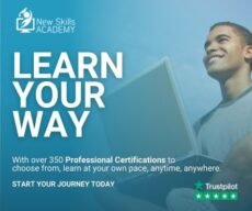 A smiling man holds a laptop against a blue background. Text reads: “Learn Your Way with New Skills Academy. Over 350 professional certifications to choose from, learn at your own pace, anytime, anywhere.” Includes New Skills Academy and Trustpilot logos. Neuro-Linguistic Programming courses