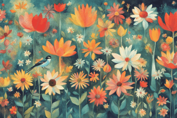 A colorful illustration of a wildflower field with vibrant blossoms captures the benefits of spirituality, as a small blue and white bird perches serenely among the flowers against lush green foliage.