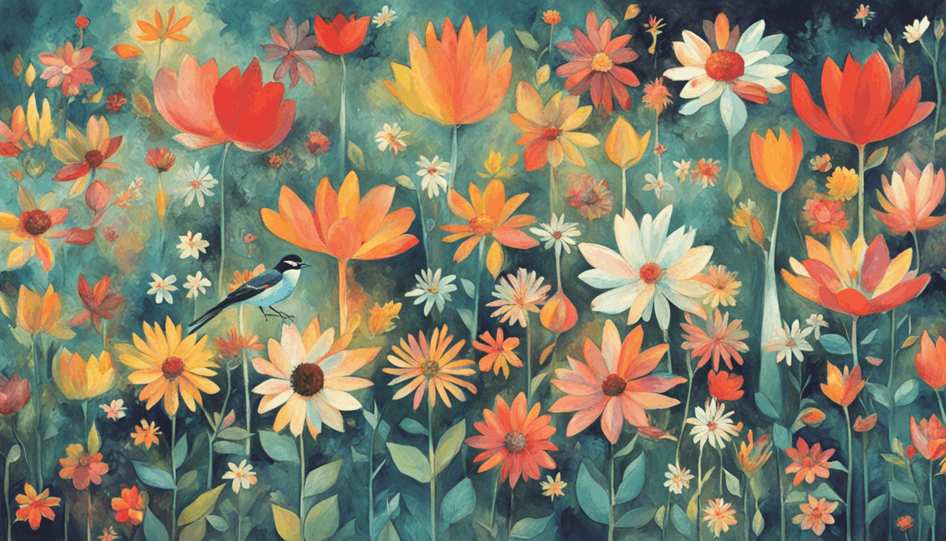 A colorful illustration of a wildflower field with vibrant blossoms captures the benefits of spirituality, as a small blue and white bird perches serenely among the flowers against lush green foliage.
