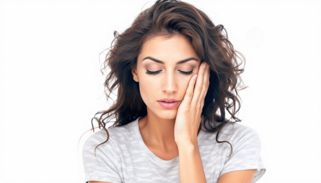 A young woman with wavy brown hair and closed eyes touches her cheek with one hand, appearing tired or in discomfort, possibly after sleeping with a phone, against a white background.