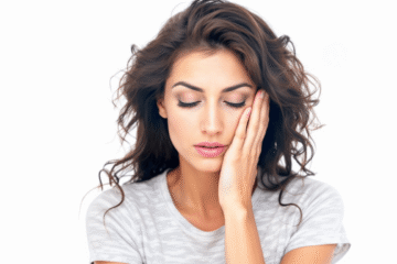 A young woman with wavy brown hair and closed eyes touches her cheek with one hand, appearing tired or in discomfort, possibly after sleeping with a phone, against a white background.