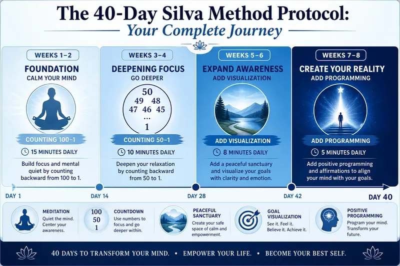 An infographic titled The 40-Day Silva Method Protocol outlines a four-phase meditation journey using The Silva Mind Control Method, with steps for calming the mind, deepening focus, expanding awareness, and creating reality over 40 days.