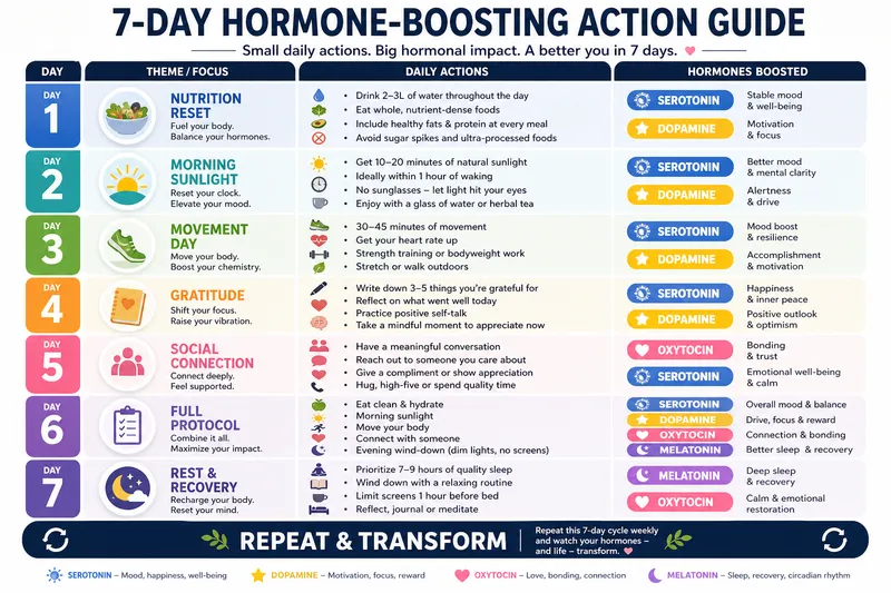 A colorful 7-day chart lists daily actions to boost hormones like serotonin, dopamine, oxytocin, and melatonin. Each day has a theme, suggested activities, hormone icons, and brief benefits shown beside each hormone.