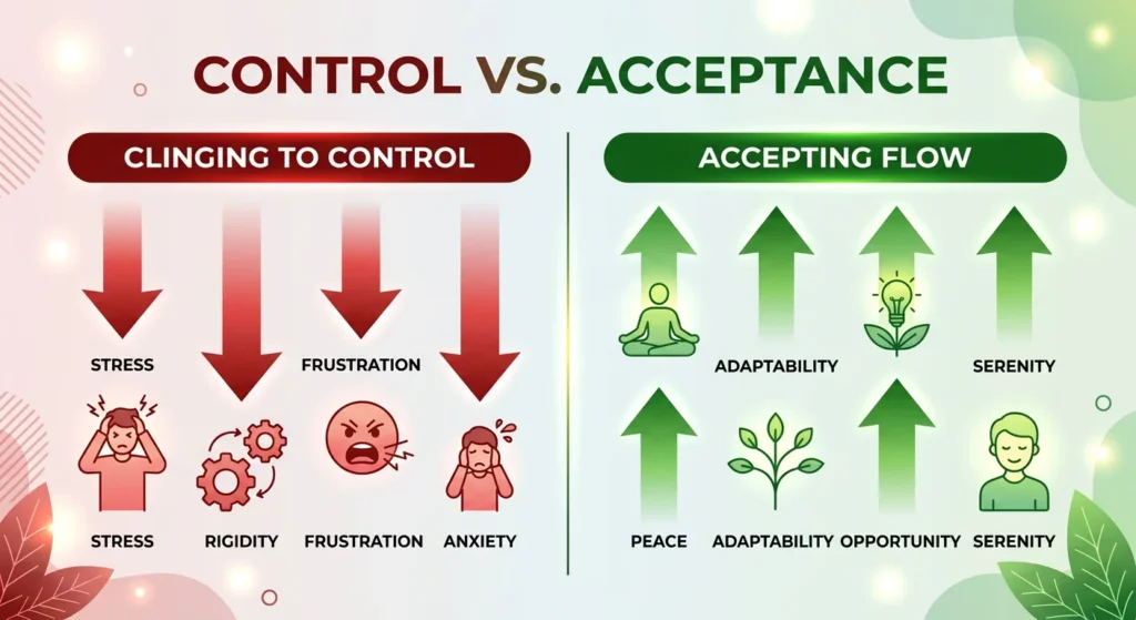 A comparison chart with Control on the left showing red arrows for stress, rigidity, frustration, and anxiety, and Acceptance on the right with green arrows highlighting peace, adaptability, opportunity, serenity, and the path to a Happy Life.