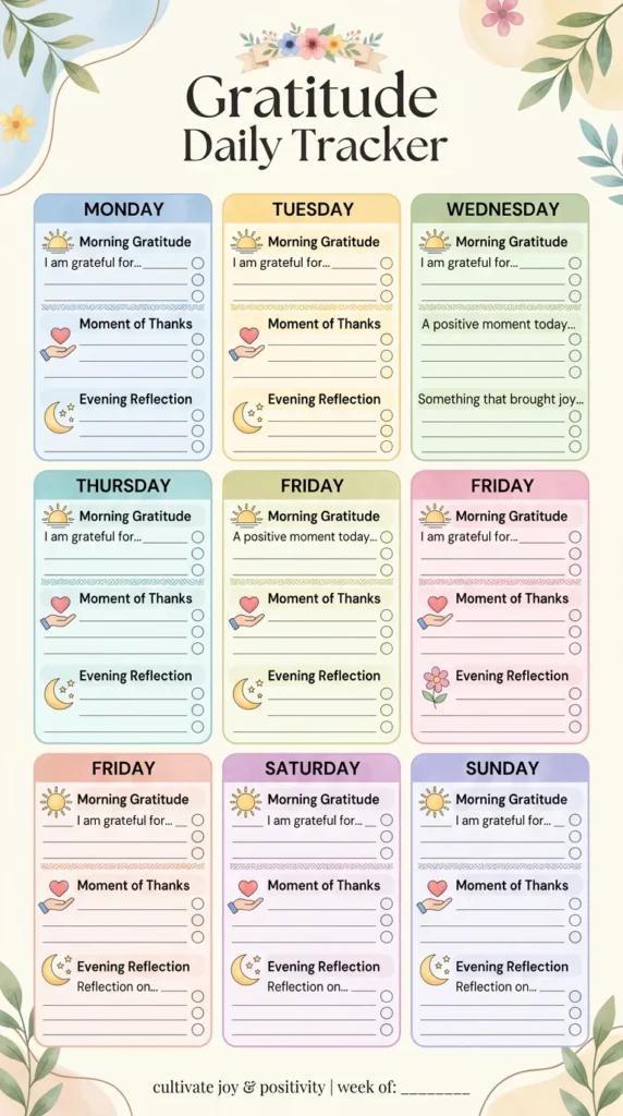 A pastel-colored weekly gratitude tracker designed for a happy life, with sections for morning gratitude, moments of thanks, and evening reflections each day. Decorative floral elements and icons accent the chart.