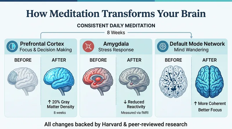 Infographic showing how 8 weeks of daily meditation, even when practicing how to meditate alone, improves the prefrontal cortex, amygdala, and default mode network, leading to better focus, reduced stress, and less mind wandering.