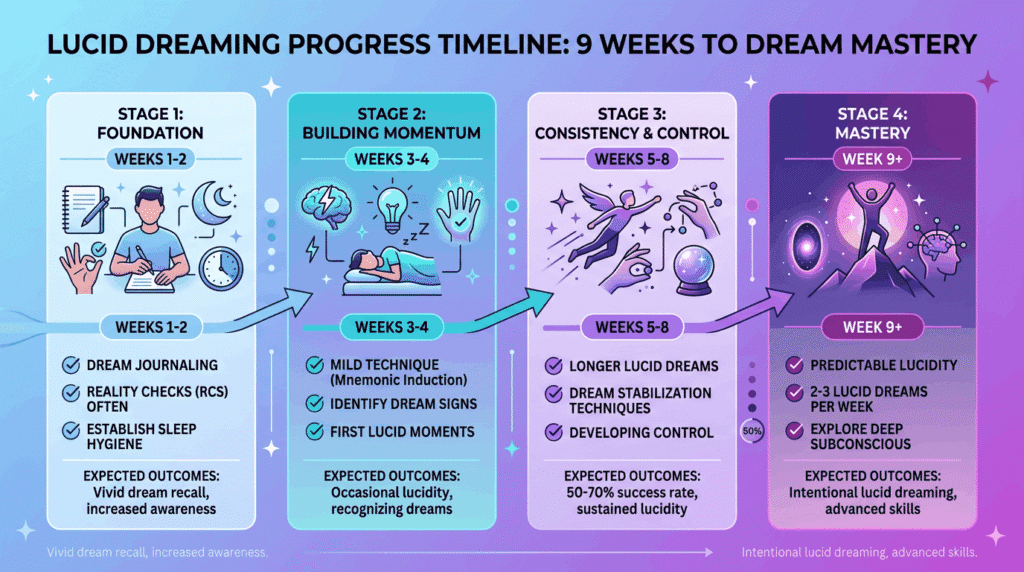 Lucid dreaming 9-week progression timeline from foundation to mastery, showing weekly milestones and expected outcomes